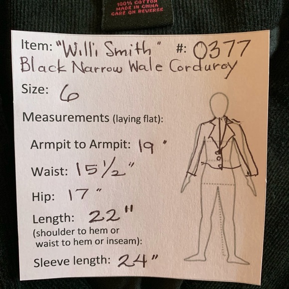 “Willi Smith” Black Corduroy Jacket Ribbon Trim - Picture 8 of 8